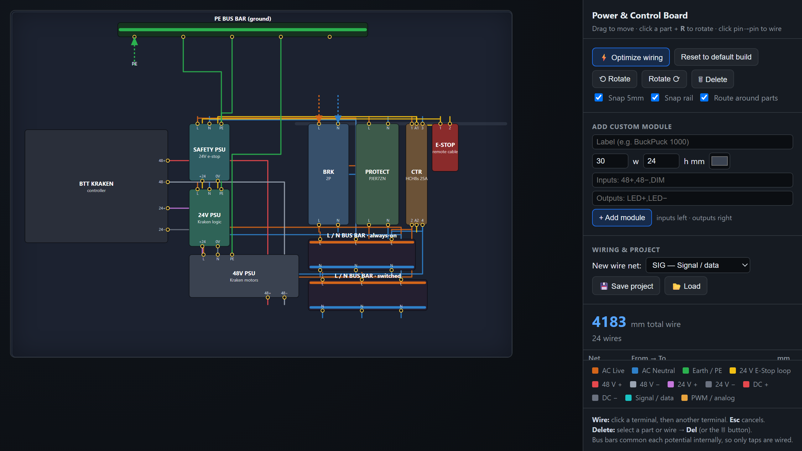 Screenshot of the M3-CRETE control panel layout tool — a to-scale enclosure showing the breaker, intelligent protector, contactor, three power supplies, DIN bus bars and the BTT Kraken wired with color-coded routes, beside the optimize and add-custom-module controls.